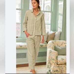 NWOT LAKE Cotton Poplin Pajama Pocket Pants Set Vintage Olive Stripe